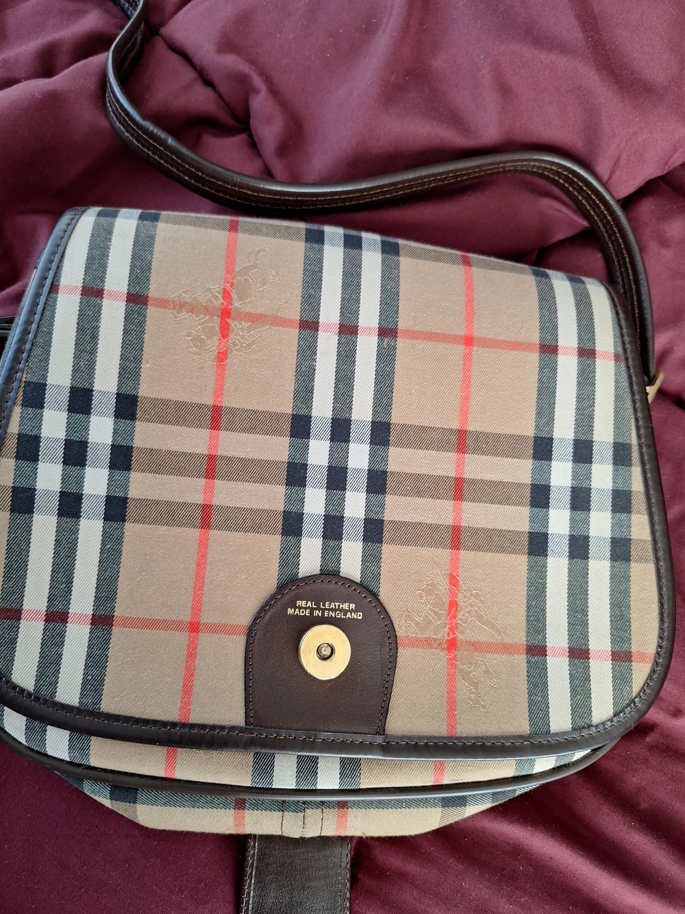 Vintage Plaid Leather Crossbody Bag - Tan, Black & Red- Burberry Lookalike